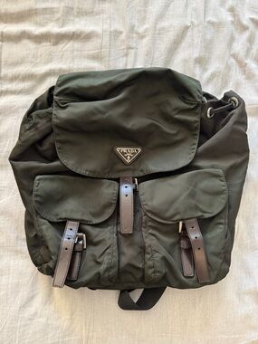 Prada Olive Green Nylon Backpack with Dark Brown Leather Trim